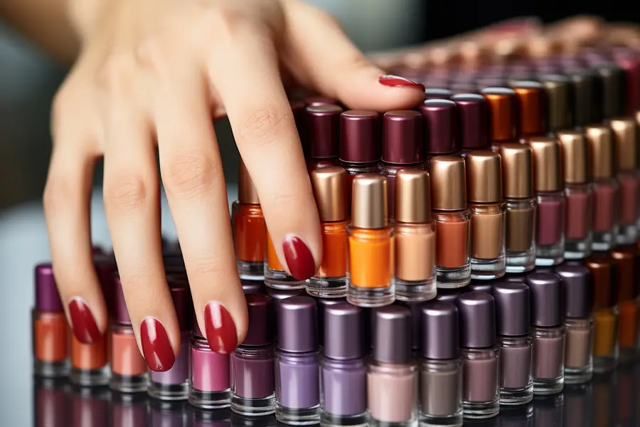 Mains appliquant un vernis rouge sur des ongles courts préparés