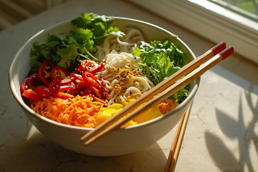 Poêle de nouilles sautées au tofu et légumes croquants