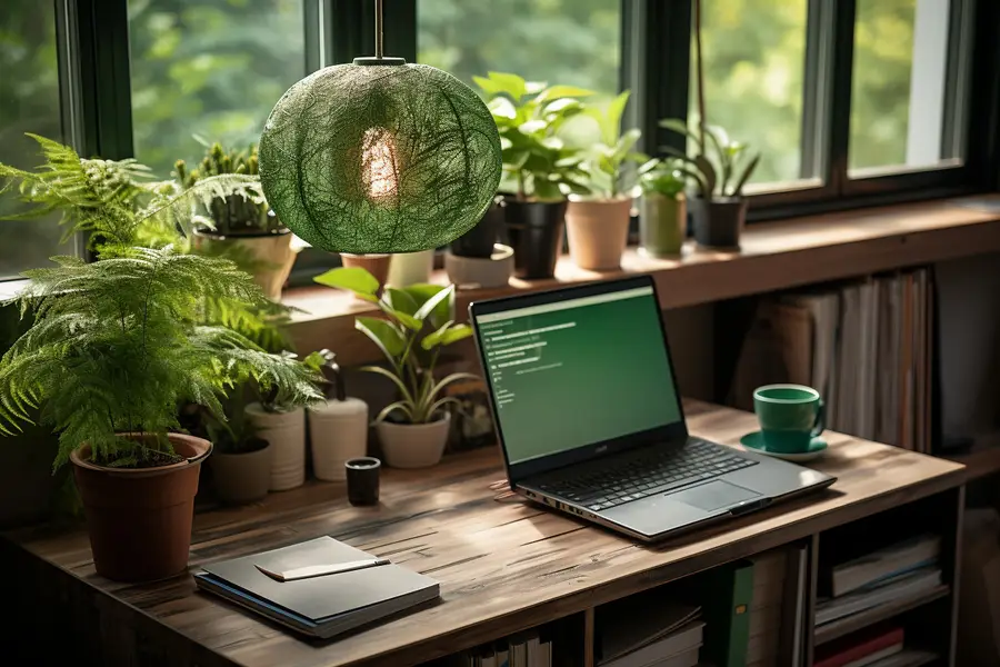 Bureau lumineux à domicile avec ordinateur portable, lampe LED et plante