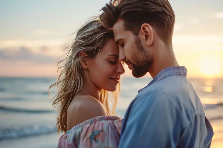 Couple de dos sur une terrasse face à la mer au coucher du soleil