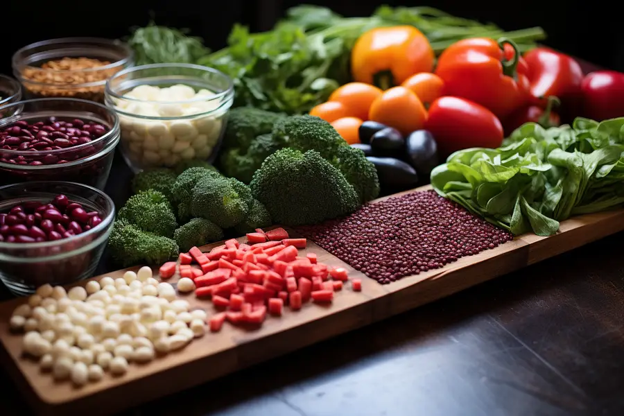 Assiette équilibrée avec légumes, céréales complètes, œufs et verre d’eau