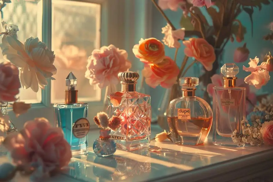 Flacons de parfums sobres sur une table de toilette lumineuse