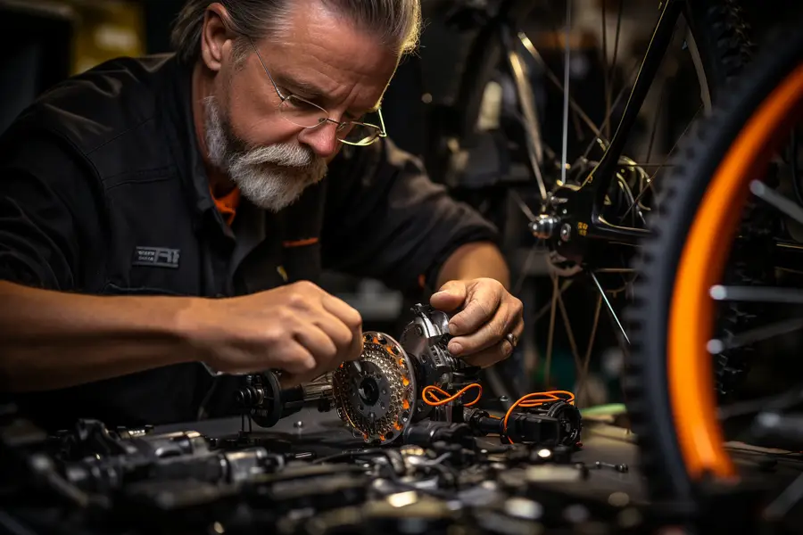 VTT propre sur pied d’atelier avec outils d’entretien et pompe