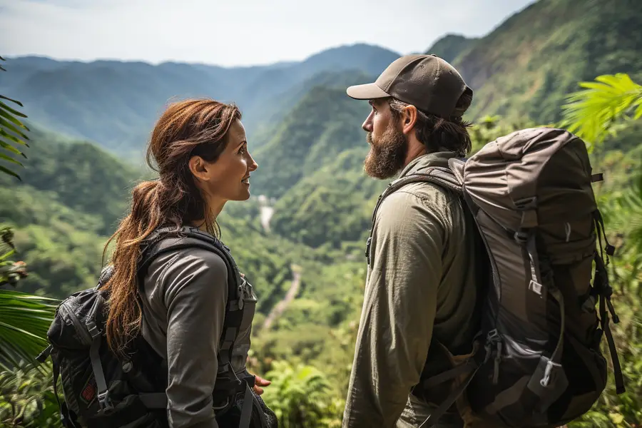 Couple de dos sur un sentier volcanique au lever du soleil