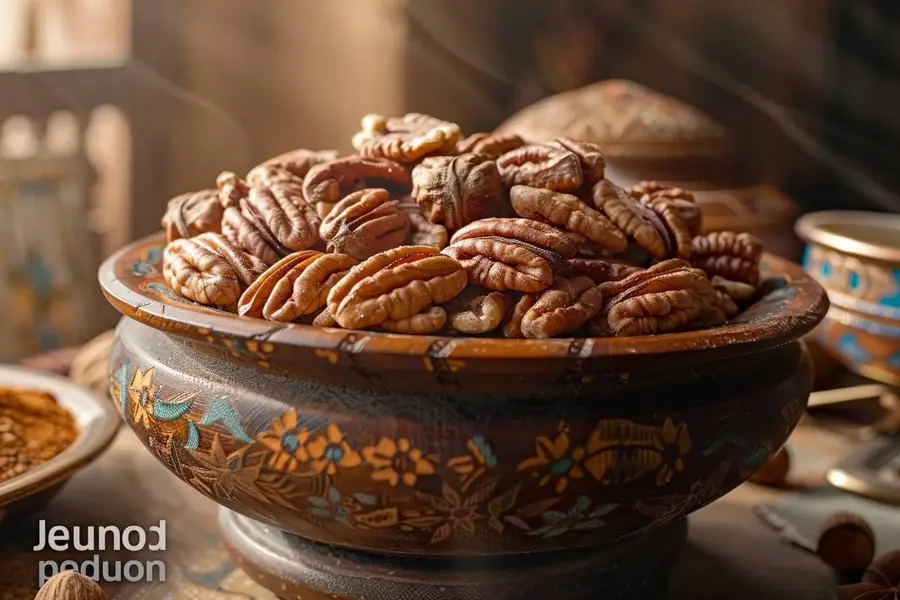 Noix de pécan, dattes et cardamome sur une table à Dubaï