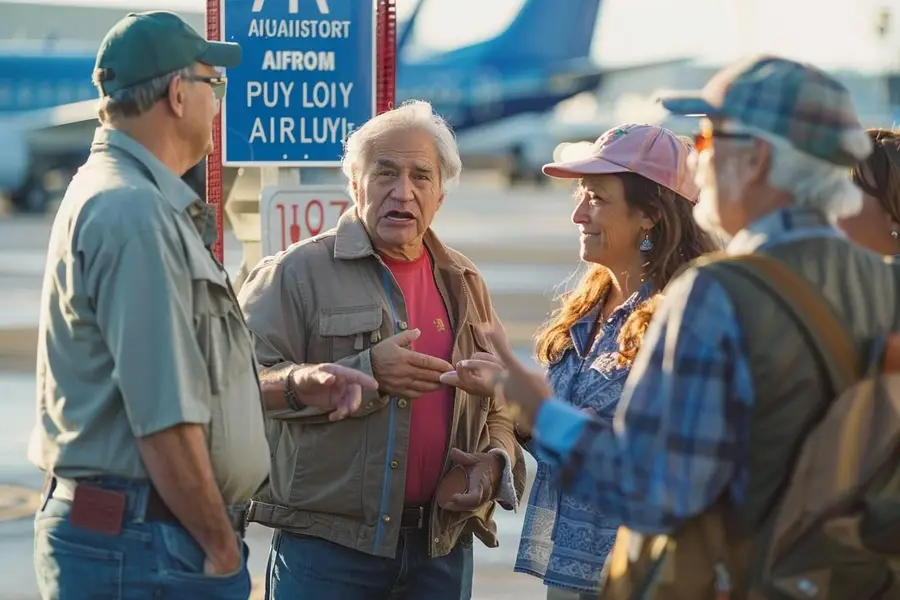 Voyageurs avec valises près d’un parking d’aéroport avant leur départ