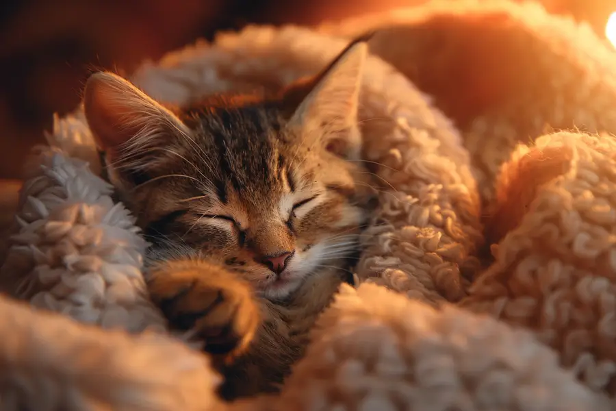 Chaton tigré ronronnant paisiblement sur un plaid près d’une fenêtre
