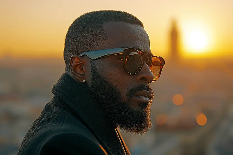 Artiste de dos portant des lunettes noires sous des projecteurs