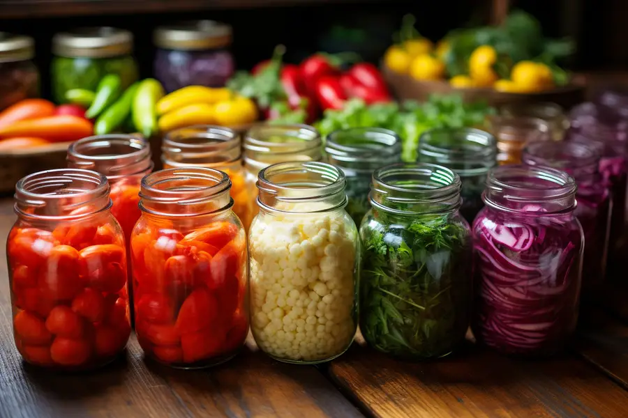 Bocaux de choucroute et kimchi fermentant sur un plan de cuisine