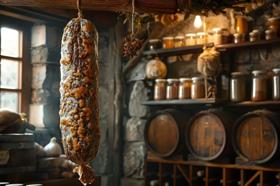 Saucisson sec entier enveloppé dans du papier alimentaire sur une étagère fraîche