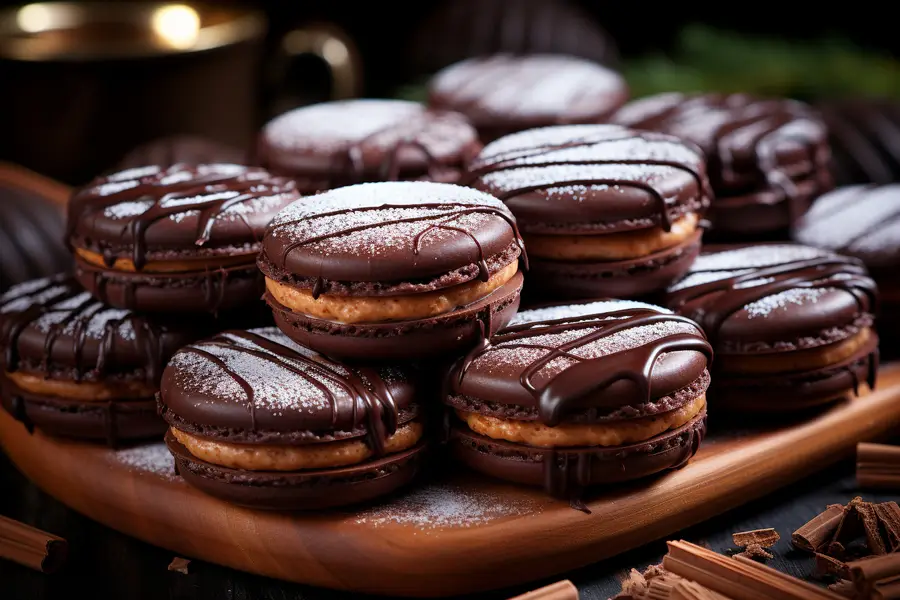 Macarons au chocolat garnis de ganache sur une plaque de pâtisserie