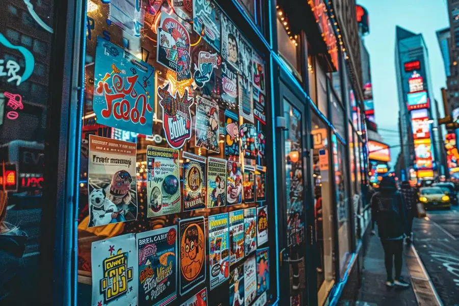 Vitrine de commerce avec stickers colorés lisibles depuis le trottoir