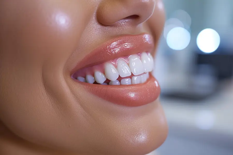 Dentiste comparant la teinte des dents avec un nuancier clinique