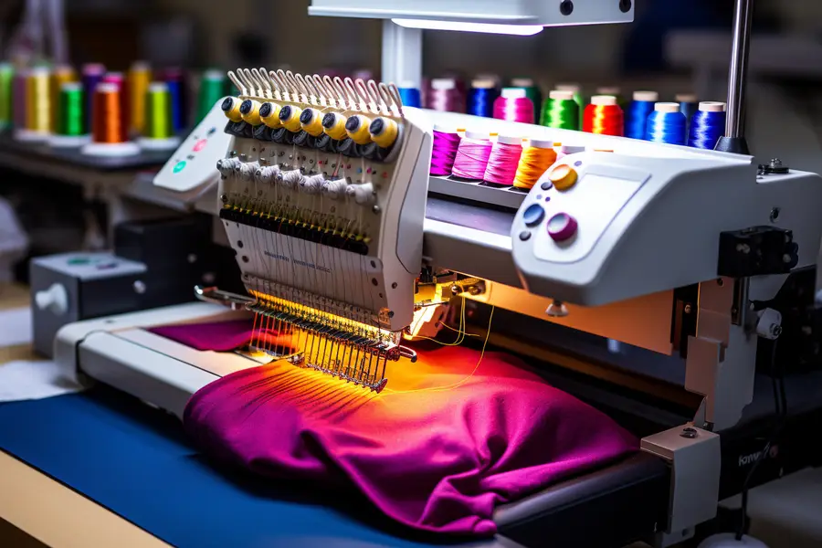 Machine à broder réalisant un motif coloré sur une veste en coton