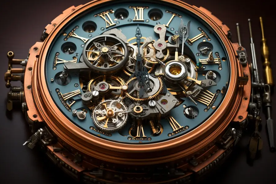 Horloge mécanique ancienne ouverte sur établi avec outils d’horloger délicats