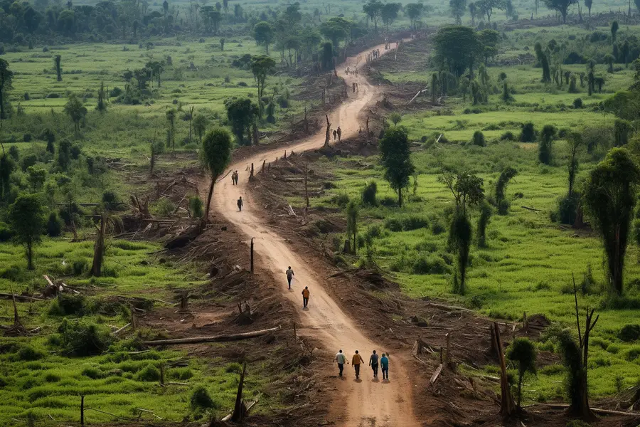 Lisière forestière défrichée près de cultures et d’un village tropical