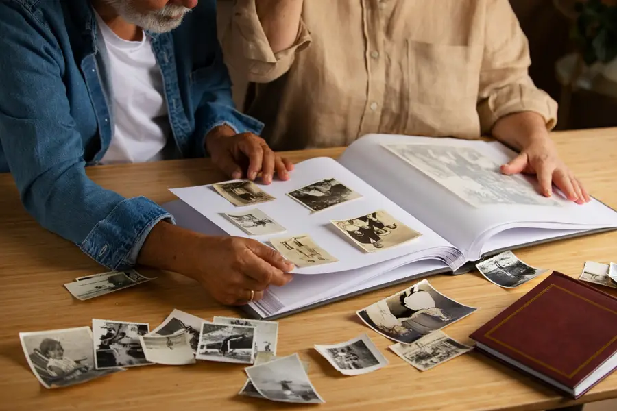 Livre photo carré ouvert sur une table avec souvenirs de voyage