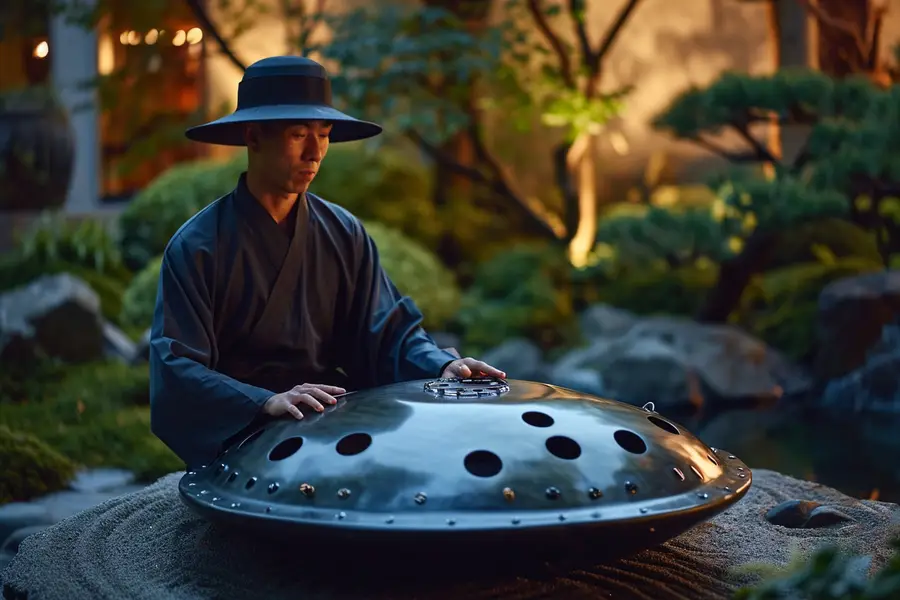 Musicien jouant doucement du handpan dans un intérieur lumineux et calme