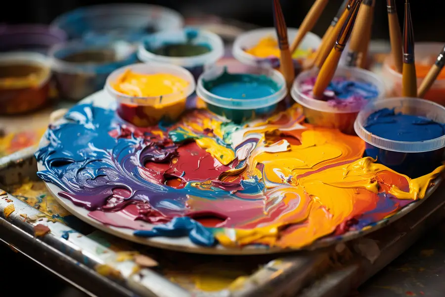 Débutant appliquant de la peinture acrylique colorée sur papier épais
