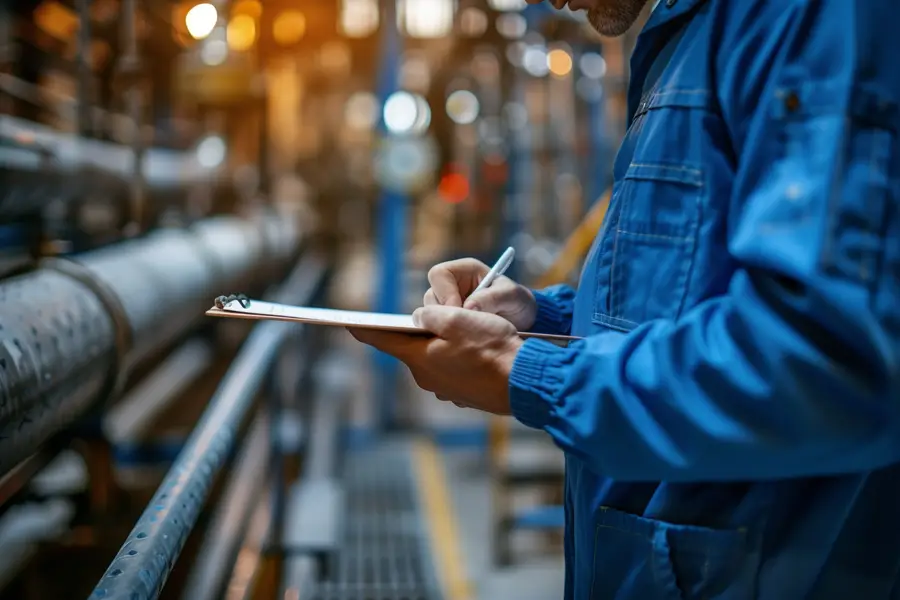 Technicien renseignant un rapport numérique devant une machine industrielle arrêtée