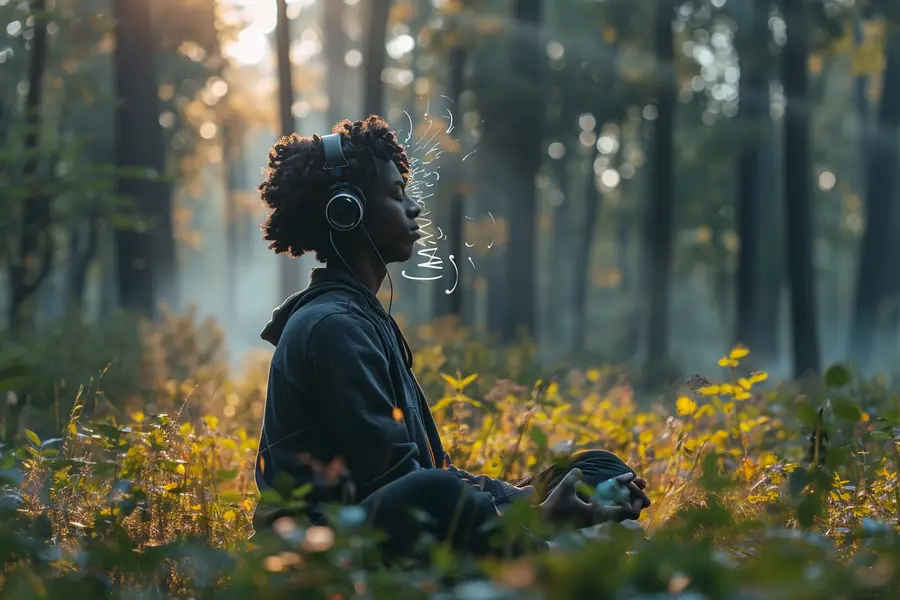 Personne méditant avec casque dans un salon lumineux et calme