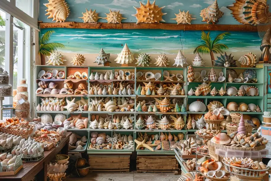 Artisane choisissant des objets tressés colorés sur un marché seychellois