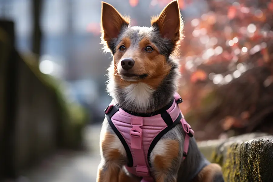 Chien de taille moyenne portant un harnais correctement ajusté en promenade