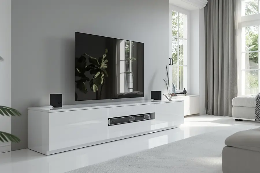 Meuble TV blanc brillant de 160 cm dans un salon lumineux