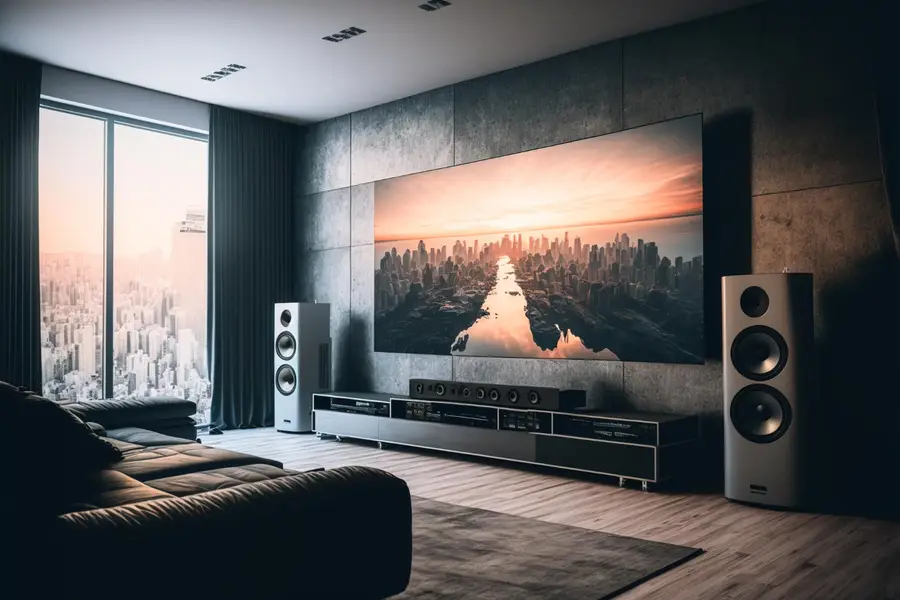 Salle home cinéma sobre avec panneaux muraux et enceintes correctement disposées