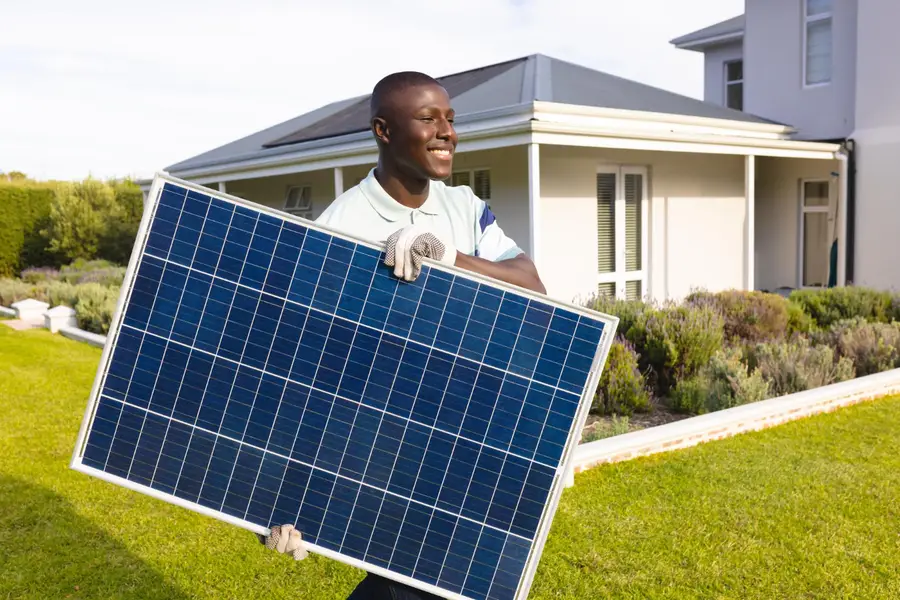 Technicien contrôlant des panneaux solaires sur le toit d’une maison française