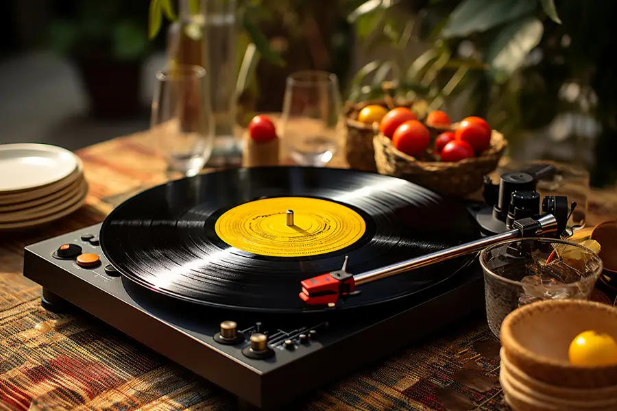 Collectionneur examinant un vinyle de jazz manouche dans une boutique
