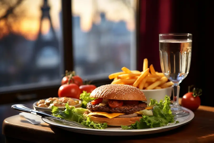 Burger smash fumant avec frites sur table de bistrot parisien