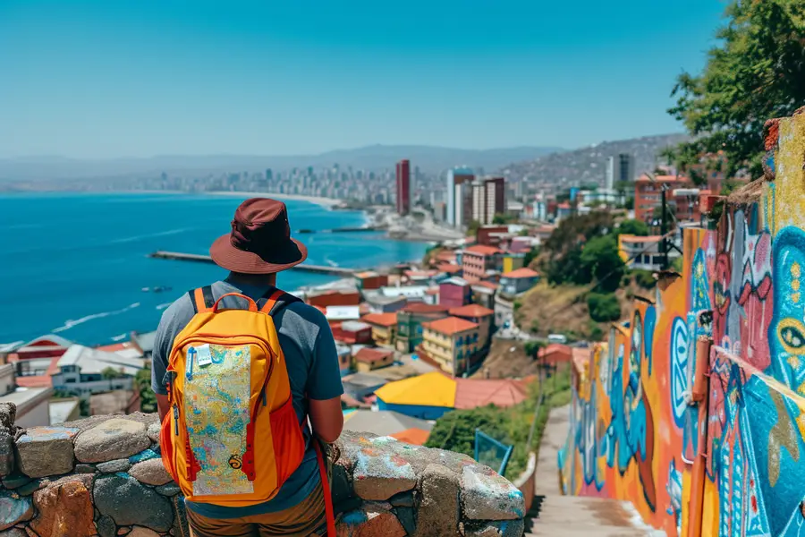 Collines colorées et fresques murales dominant la baie de Valparaiso