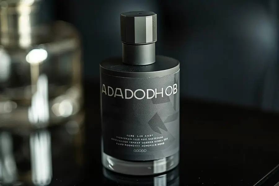 Flacon de parfum masculin sans marque posé sur une étagère lumineuse