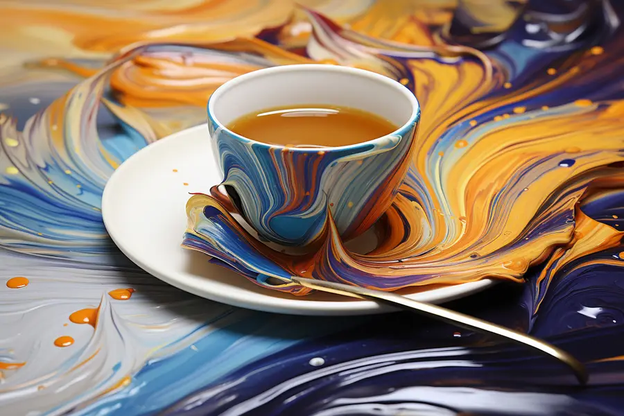 Palette de café, pinceaux et dessin de feuilles sur papier aquarelle