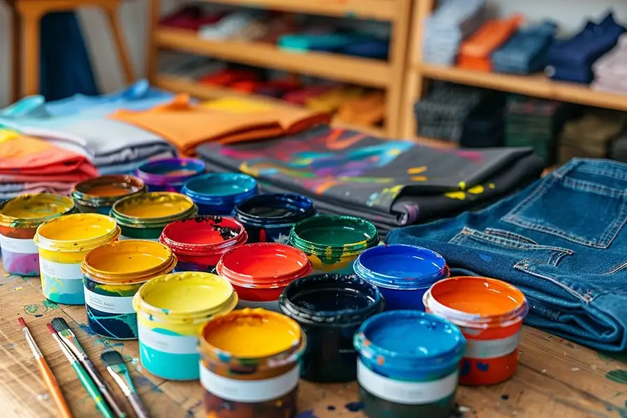 Mains peignant un motif coloré sur un t-shirt en coton