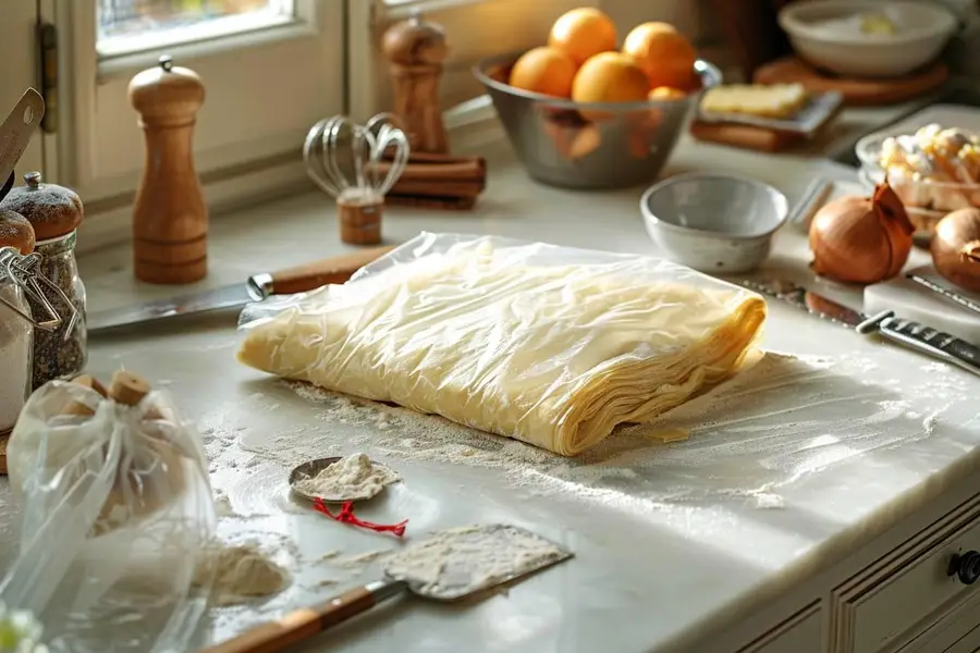 Pâte feuilletée crue emballée prête à être congelée dans une cuisine