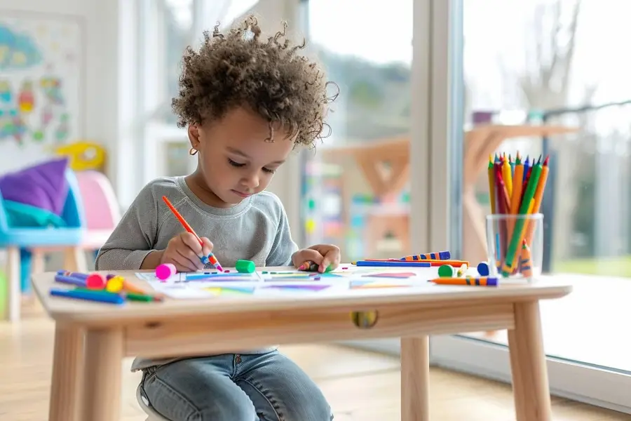 Table de coloriage en bois clair avec feuilles et crayons lavables