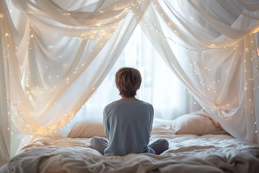 Ciel de lit léger sur support autoportant dans une chambre lumineuse