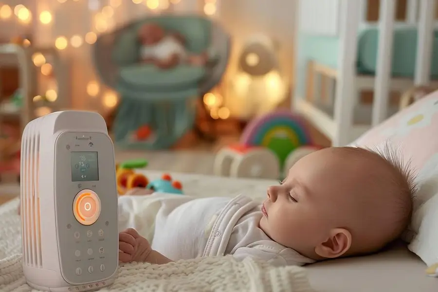 Unité parent et caméra babyphone installées loin d’un lit bébé