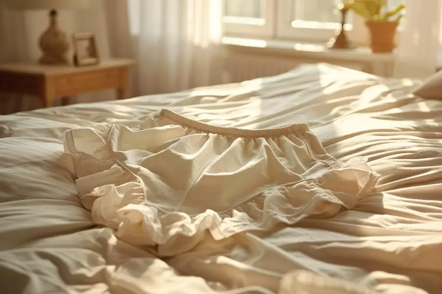 Femme enceinte tenant une culotte absorbante propre dans une salle de bain