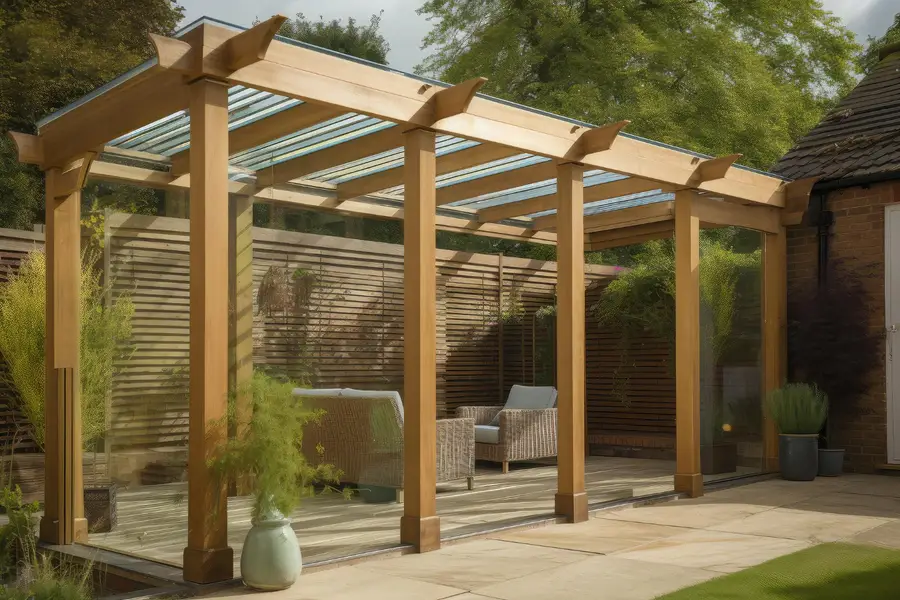 Pergola moderne en bois sur terrasse végétalisée dans un jardin français