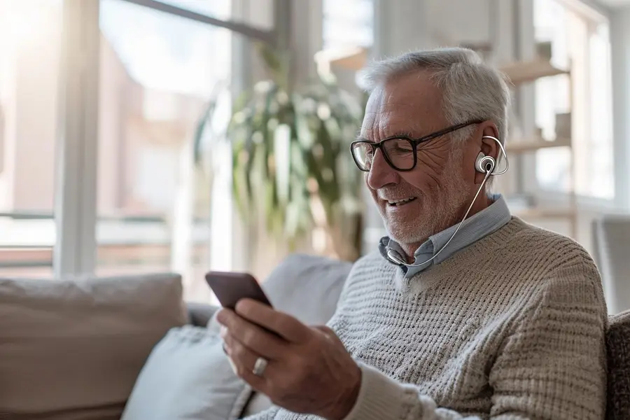 Personne réglant discrètement ses aides auditives connectées avec un smartphone