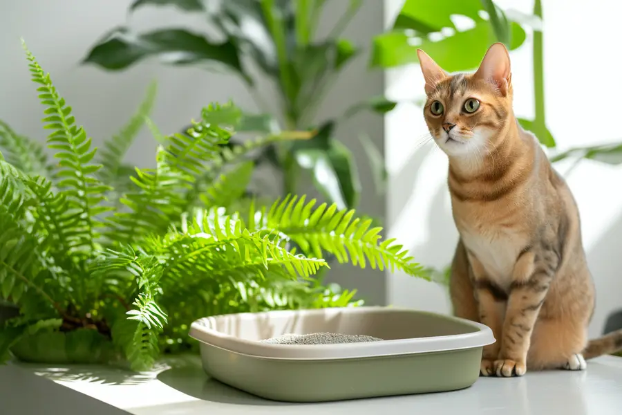 Chat près d’un bac à litière végétale dans un appartement lumineux