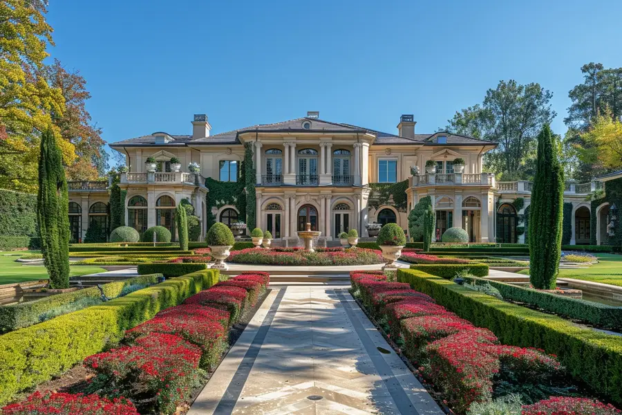 Façade en pierre d’une maison bourgeoise française avec jardin