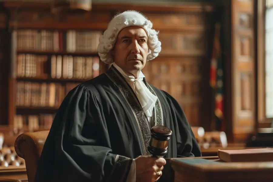 Robe noire d’avocat et rabat blanc dans une salle d’audience française