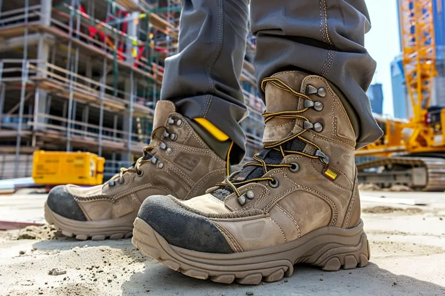 Ouvrier de chantier portant des chaussures de sécurité sur sol de gravier