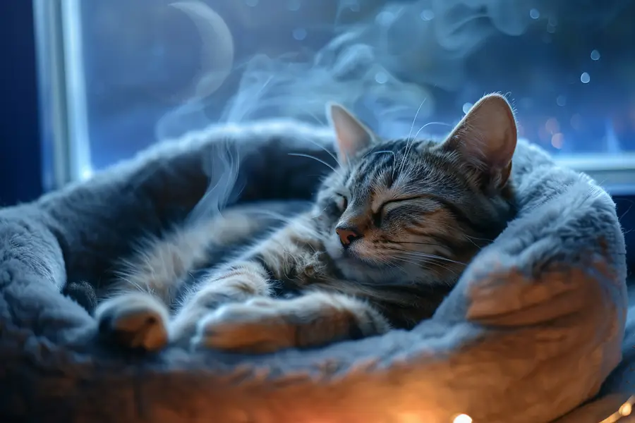 Chat tigré endormi sur un plaid, pattes légèrement frémissantes