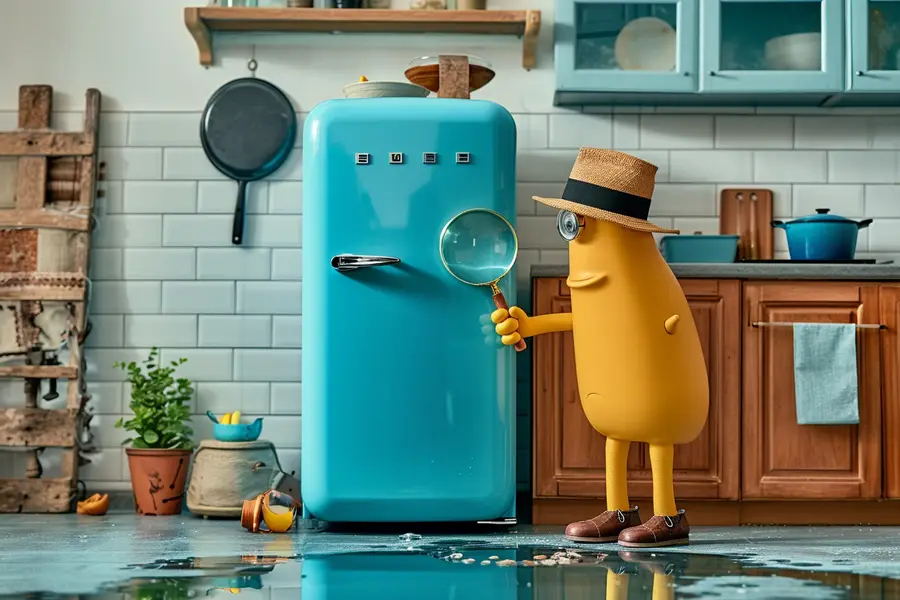 Flaque d’eau devant un réfrigérateur ouvert dans une cuisine française