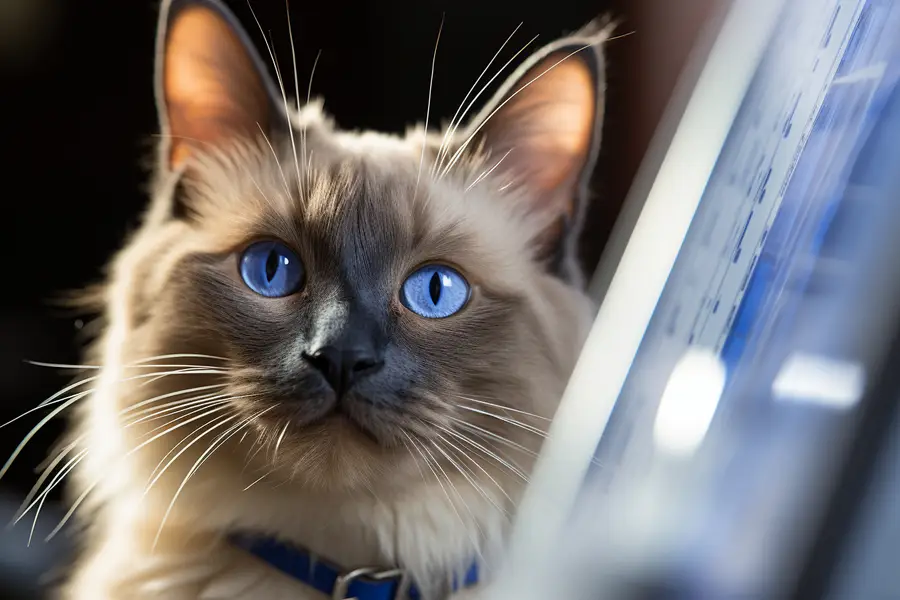 Chat siamois au repos près d'une caisse de transport vétérinaire